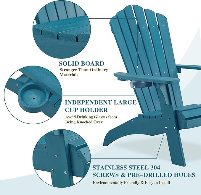 Psilvam Adirondack Chair, Oversized Poly Lumber Fire Pit Chair with Cup Holder, 350Lbs Support Patio Chairs for Garden, Weather Resistant Outdoors Seating, Relaxing Gift for Father & Mother (4, Blue)