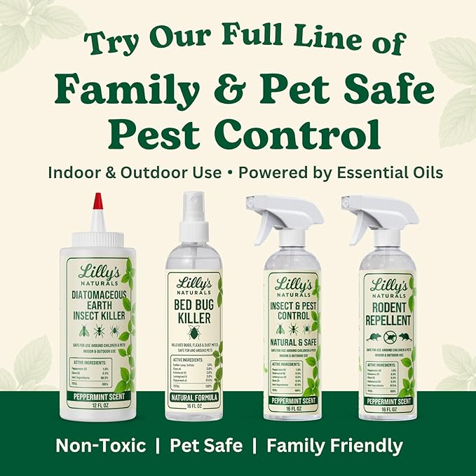 Diatomaceous Earth Food Grade with Peppermint Oil Crawling Insect Killer | Indoor Pest Control Powder for Bed Bug, Roach, Ant, Fleas | Lilly's naturals, 12 fl oz