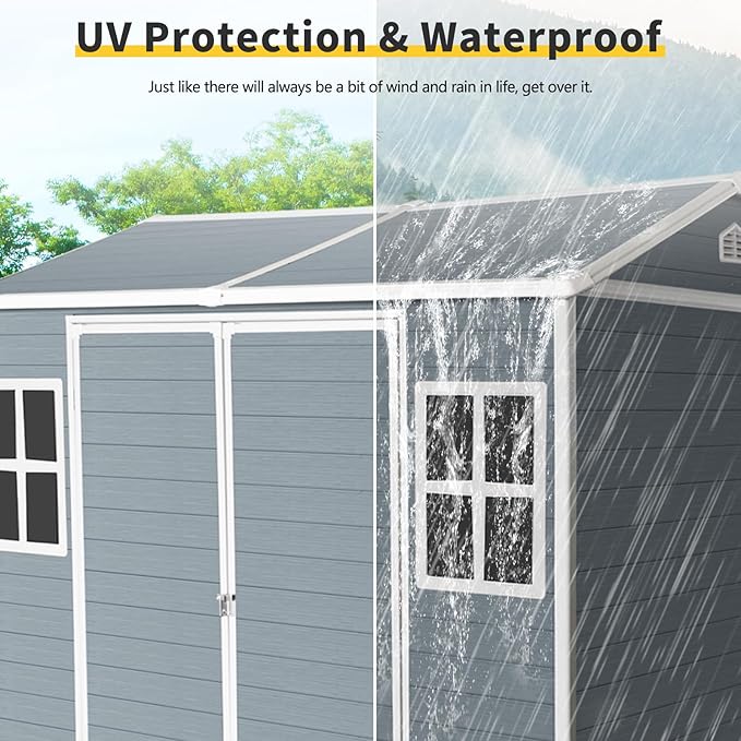 8x6 ft Outdoor Resin Storage Shed with Floor, Waterproof Plastic Garden Shed with Lockable Door and Two Windows, All-Weather Tool Sheds for Backyard, Patio, Lawn (Grey)