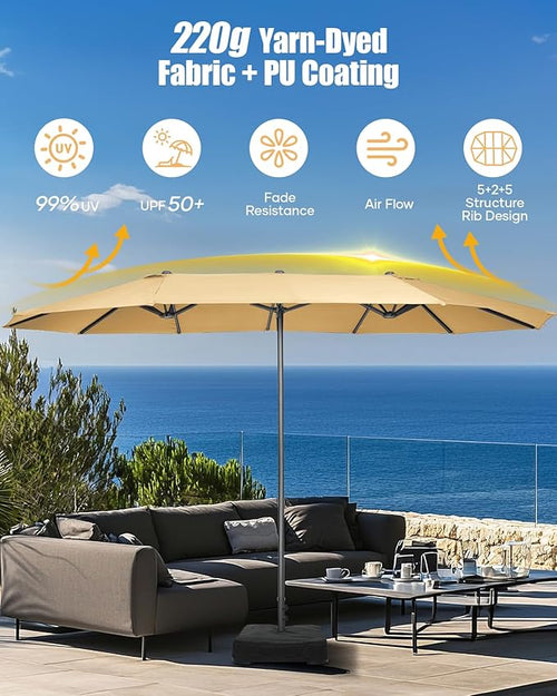 15ft Large Patio Umbrella with Base Included, Outdoor Double-Sided Rectangle Market Umbrella with Crank Handle, Umbrella Outdoor Patio for Pool Lawn Garden