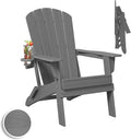 Plawdlik Folding Adirondack Chair, SGS Tested, Wooden Textured with Cup Holder, Heavy All-Weather HDPE Comfortable Set Poolside Backyard Lawn Grey