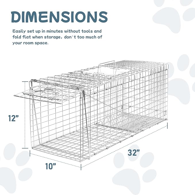 Animal Trap 32"x10"x12" Cage Trap, Heavy Duty Folding Raccoon Traps, Humane Cat Trap for Stray Cats,Rabbits,Squirrels,Outdoor Small Animal Trap,Humane Catch & Release