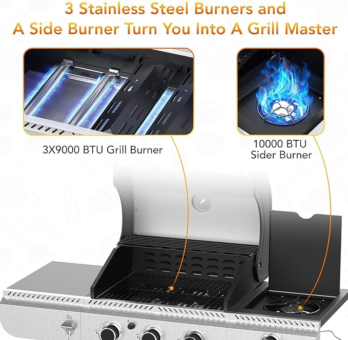 3-Burner Propane Gas Grill with Side Burner,Stainless Steel BBQ Grill with Porcelain-Enameled Cast Iron Grates,37000 BTU Barbecue Grill, Suitable for Patio,Camping,Outdoor Cooking