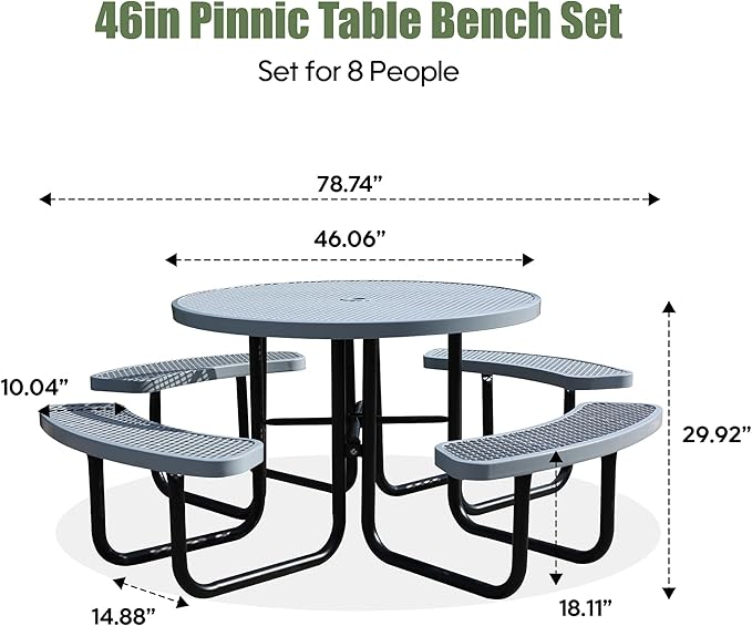 Sunnibety 8-Person Picnic Tables for Outdoors, Industrial 46" Expanded Metal Round Picnic Table with 4 Benches & Umbrella Hole, Outside Table and Bench Set for Park, Garden, Backyard, Patio, Grey