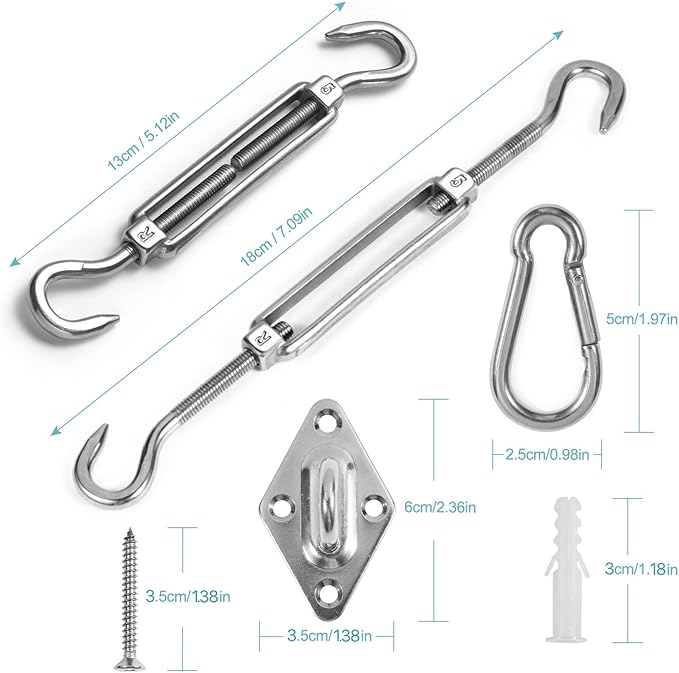 HOMPER Awning Attachment Set, Heavy Duty Sun Shade Sail Stainless Steel Hardware Kit for Garden Triangle and Square, Rectangle, Fixing Accessories