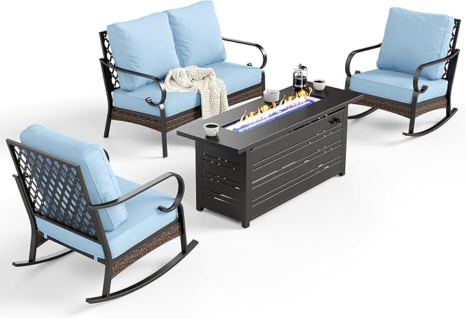 SUNSHINE VALLEY 4 Piece Metal Outdoor Patio Furniture Sets with Firepit Table, Patio Conversation Sets 1 2-Seater Sofa, 2 Rocking Sofa with 5.75" Cushion Black Backyard Furniture for Deck, Blue