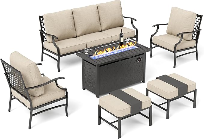 SUNSHINE VALLEY Patio Furniture Set with Firepit Table, Metal Outdoor Patio Furniture, 2 Single Chairs, 3 Seater Sofa, 2 Ottomans with 5.75" Extra Thick Cushion and Gas Firepit Table for Backyard Deck