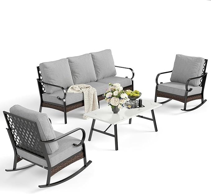 SUNSHINE VALLEY 4 PCS Metal Outdoor Patio Furniture Set, Patio Conversation Sets 1 3-Seater Sofa, 2 Rocking Chairs with 5.75" Extra Thick Cushion & Coffee Table, Black Backyard Furniture, Light Gray