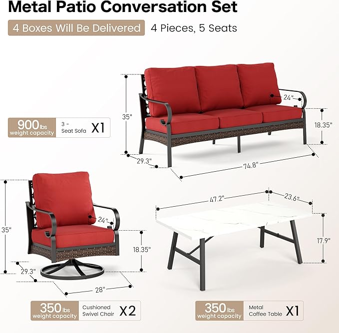 SUNSHINE VALLEY 4 PCS Metal Outdoor Patio Furniture Set, Patio Conversation Sets 3-Seater Sofa, 2 Swivel Chairs with 5.75" Extra Thick Cushion & Coffee Table, Black Frame Backyard Furniture, Rust Red
