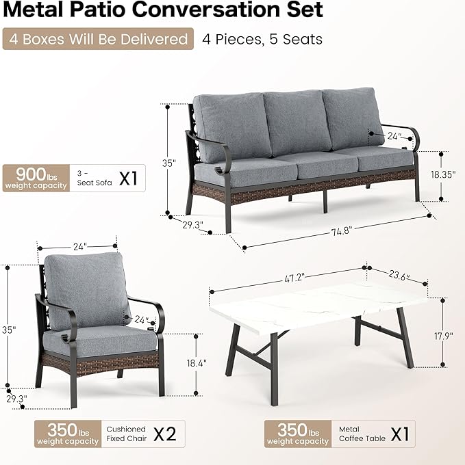 SUNSHINE VALLEY 4 Piece Metal Outdoor Patio Furniture Set, Patio Conversation Sets 1 3-Seater Sofa, 2 Chairs with 5.75" Extra Thick Cushion and Coffee Table, Black Frame Backyard Furniture, Gray