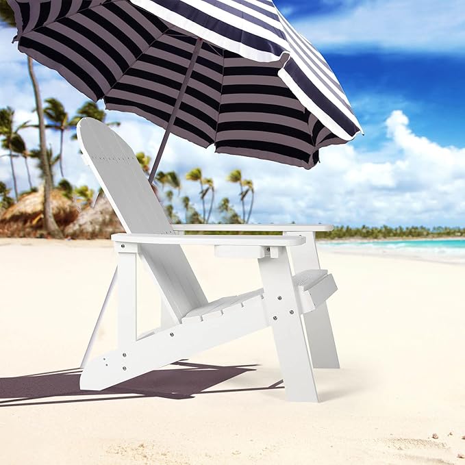 Adirondack Chairs Set of 2, All Weather Resistant Plastic Chairs with Cup Holder, 5 Easy Steps to Install, Outdoor Chairs for Patio, Garden, Backyard Deck, Lawn, Fire Pit - White