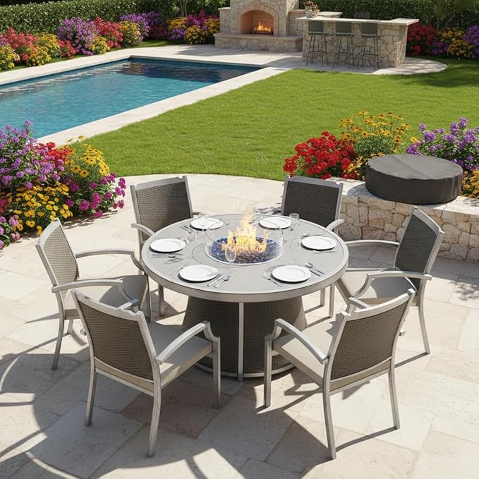 Mazatzal 7 Piece Wicker Patio Furniture Set with 52" Round Propane Gas Firepit Table, 6 Patio Chairs with Cushions, Outdoor Aluminum Conversation Set for Poolside, Backyard, CSA Certified, Gray