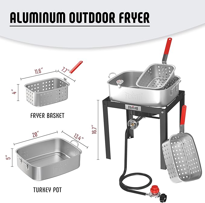18 QT Propane Fish Fryer with 2 Inner Baskets, Outdoor Aluminum Deep Fryer Seafood Pot and Basket for Frying Fish, Chicken Wings, French Fries, 40,000 BTUs Burner, Silver & Black