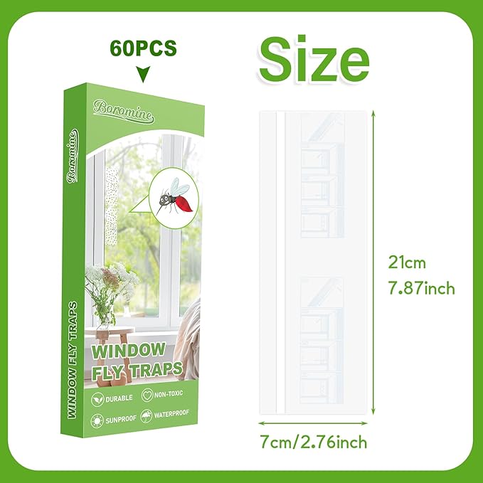60 Pack Window Fly Traps, Window Sticky Traps, Sticky Non-Toxic Clear Fly Paper Indoor for Home