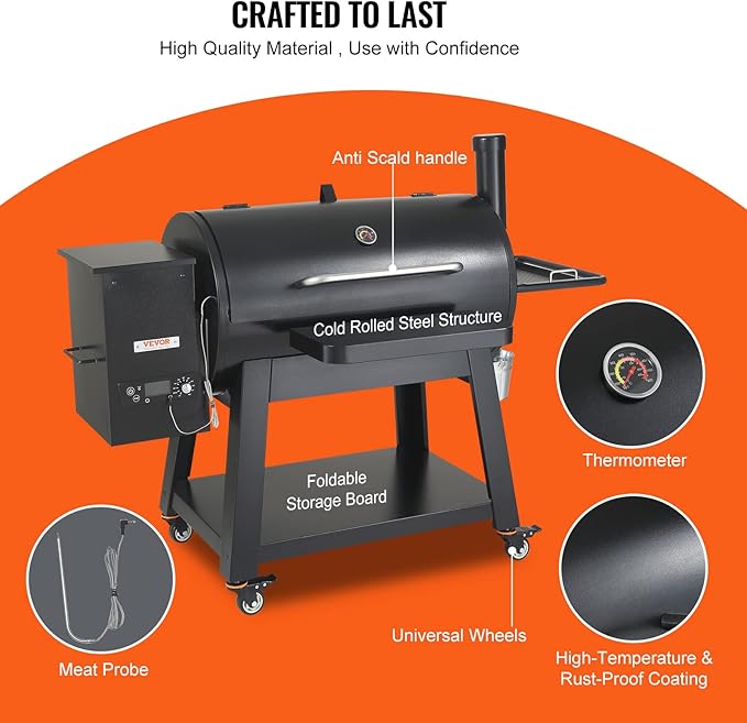 VEVOR Smoker Grill, Portable Wood Pellet Grill with Cart, 8 IN 1 BBQ Grill with PID Temperature Control & Meat Probe for Outdoor Cooking, Barbecue Camping, Picnic, 840 sq, Patio and Backyard, Black