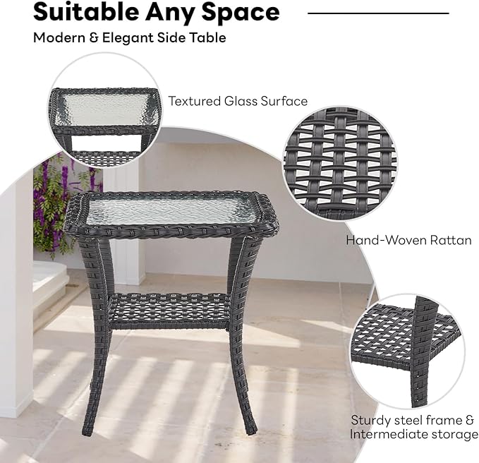 Belord Handwoven Wicker Side Table - 20 Inch Small Outdoor Table 2 Tier Storage with Tempered Glass Top, All Weather Outdoor Patio End Tables for Deck Balcony Outside Black