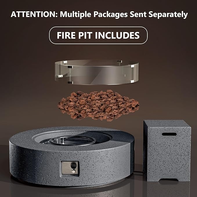 COSIEST 42 inch Outdoor Propane Fire Pit Coffee Table w Concrete Round Base Patio Heater, Certified, 50,000 BTU Stainless Steel Burner, Free Lava Rocks, Rain Cover, Wind Guard, Tank Cover, Gray