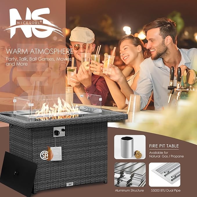 NICESOUL Wicker Propane Fire Pit Table, 60000 BTU Large Natural Gas Firepit Tables, 43'' Rectangle CSA Fireplaces for Deck Backyard, Fire Table with Windguard&Glass Rocks&Cover, Gray