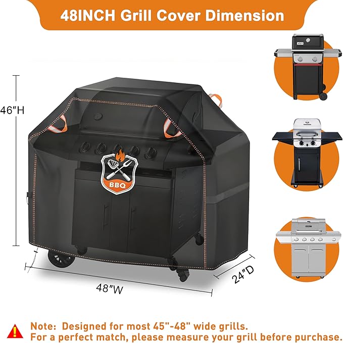 Grill Cover, Universal 48" BBQ Grill Cover for Outdoor Grill, Waterproof, Weather Resistant, Fade Resistant Gas Grill Cover with Adjustable Double Straps for Weber, Char-broil, Nexgrill, etc