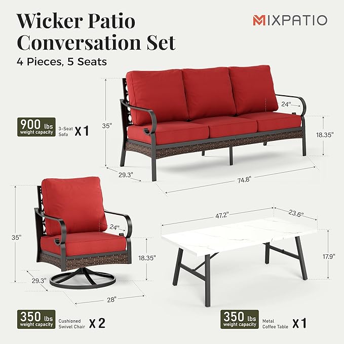 Patio Furniture Set with Coffee Table, Outdoor Conversation Set with 2 x Swivel Chairs, 1 x 3-Seat Sofa for Lawn Garden Backyard, Red