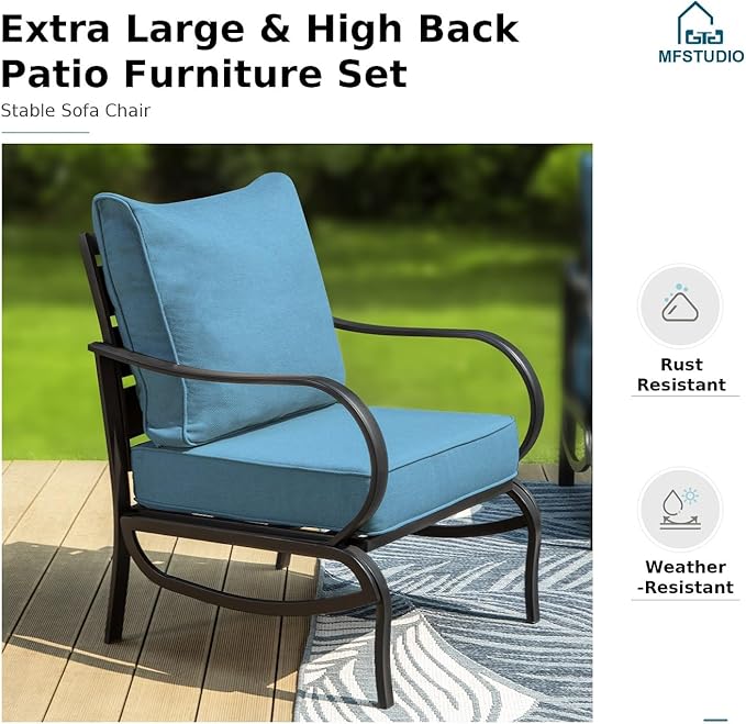 MFSTUDIO 4 Pieces Patio Conversation Set, 5 Seats Metal Patio Furniture Sets with 1 x 3-Seat Sofa, 2 Single Chairs,1 Coffee Table, All Weather Steel Patio Sets with 5.75inch Navy Cushion for Garden