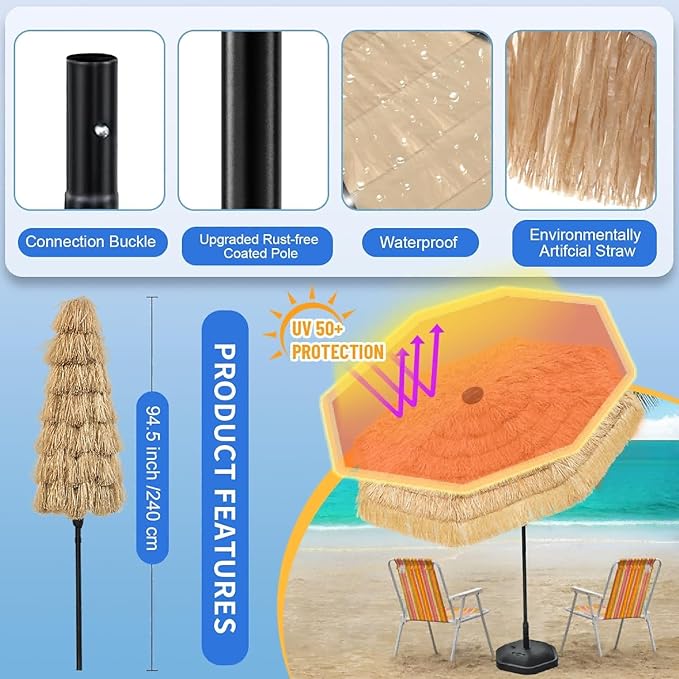 8FT Tiki Umbrella, Beach Umbrella UV-Stability, Outdoor Patio Umbrella Hawaiian Style 8 large Ribs, Thatched umbrellas with Push Button Tilt and Crank Lift for Tiki Bar, Pool, Beach, Natural