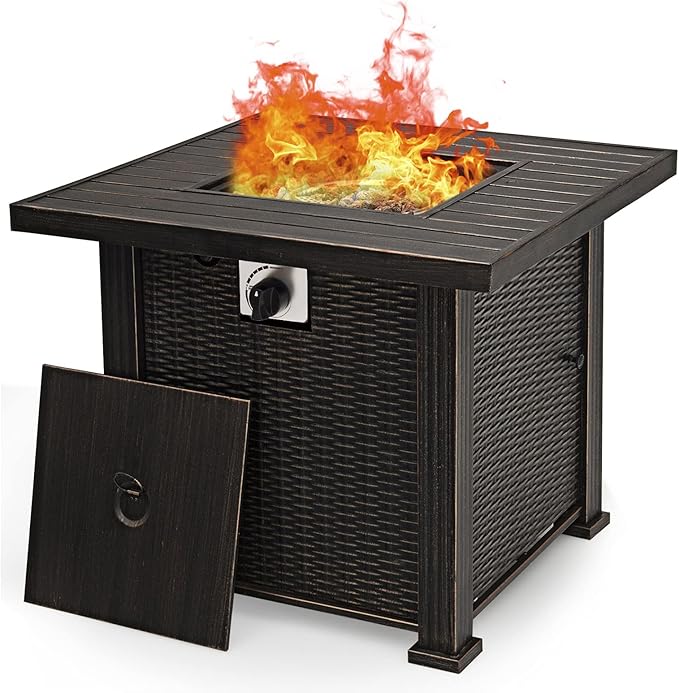 Giantex Gas Fire Pit Table, 30 Inch 50,000 BTU Auto-Ignition Propane Fire Pit Outdoor with Lid, Lava Rocks and Waterproof Cover, 2-in-1 Fire Table with CSA and ETL Certification (Brown)