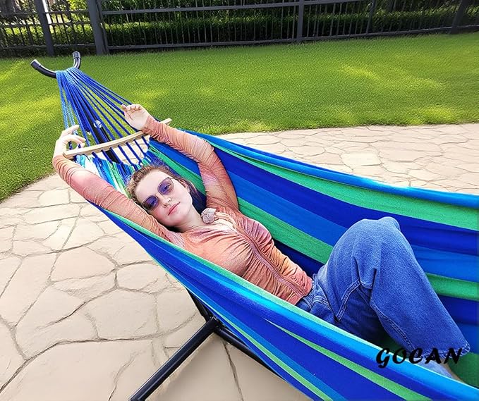 GOCAN Double Hammock 2 Person Large 220x160cm with Steel Stand and Removable Spreader bar Load 500lb, Canvas Cotton Hammocks for Patio Porch Garden Backyard Outdoor and Indoor, Blue