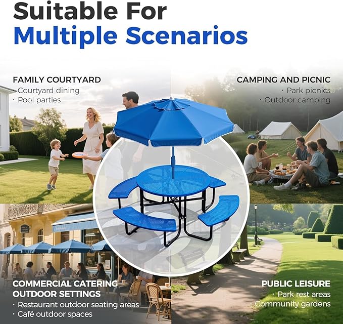 KUFUH 46" Coated Round Metal Picnic Table for 4-8 Person, Durable Heavy Duty Commercial Picnic Table with Umbrella Hole for Outdoor Coffee Shop, School, Easy to Install, Blue