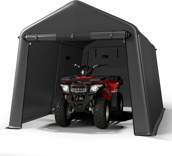Real Relax Outdoor 7x12 ft Steel Metal Carport Shelter for Motorcycle, ATV & Garden Tools, Waterproof with 2 Roll-Up Doors & Vents