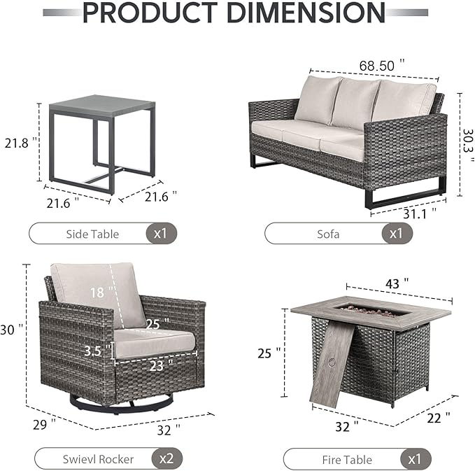 5 Piece Wicker Patio Furniture with Fire Pit Table - Outdoor Conversation Set with 50,000 BTU Fire Pit, All Weather Rattan Patio Set for Deck Backyard Garden - Grey Wicker Beige Cushion