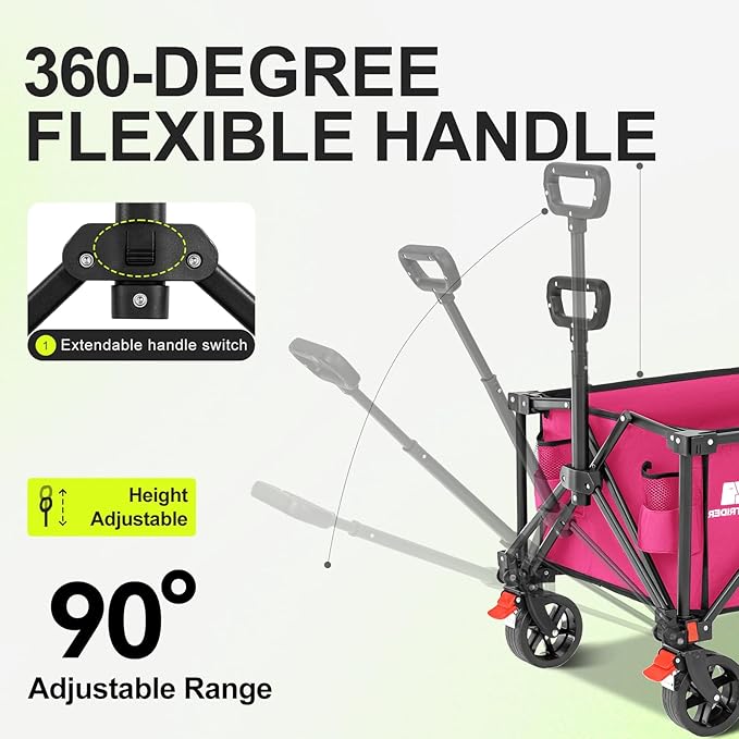 Collapsible Wagon Cart with Extended Tailgate,Heavy Duty Folding Cart, 155L Foldable Utility Wagons for Beach, Picnic, Grocery, Outdoor Camping(Pink)