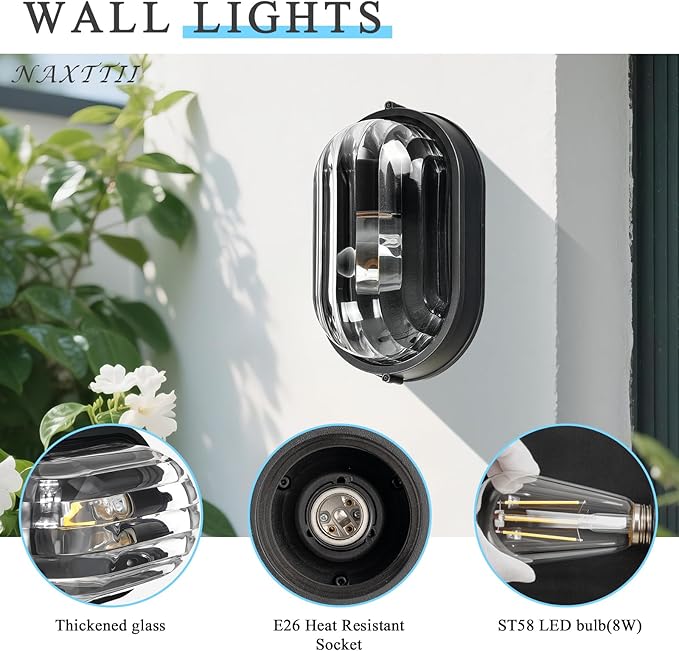 8.5 Inch Waterproof Bulkhead Light Fixture Black Bulkhead Wall Light Sauna and Dock Light with UL Listed Aluminum Frame and Thickened Clear Glass Shade 2 Pack