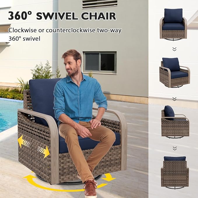 EAGLE PEAK Modern Wicker Outdoor Patio Furniture Set, Patio Conversation Set, 2 Chairs, 2 Swivel Rocker Chairs, 3-Seat Sofa, Loveseat, Coffee Table and Side Table, 8 Pieces, Brown/Blue