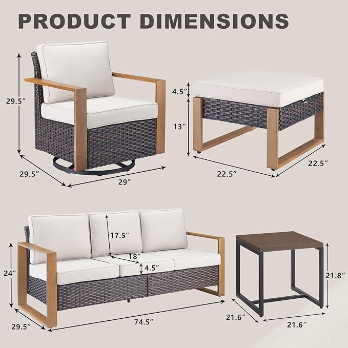 Rilyson Outdoor Wicker Patio Furniture Set - 6 Piece Patio Conversation Set with 2 Wicker Swivel Rocker Chairs,2 Rattan Ottoman,1 Side Table and 1 Couch,Thick Cushions,Deep Seating(Brown/Beige)