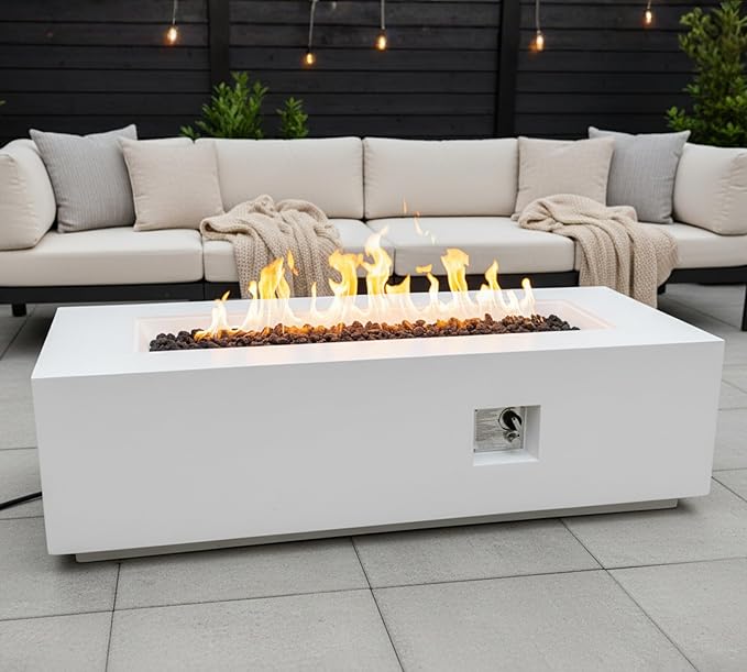 60-Inch Rectangular Outdoor Gas Propane Fire Pit Table,60,000 BTU Light Concrete Fire Table with Waterproof Cover, Tank Seat,Free Lava Rocks, for Outside Patio Backyard,White