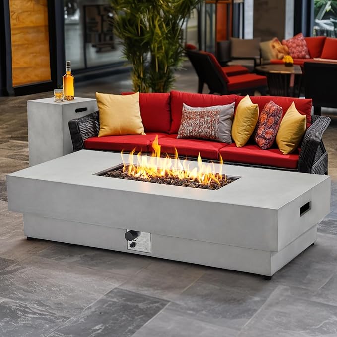 60 Inch Outdoor Propane Fire Pit Table with Tank Cover, 50,000 BTU Natural Gas Firepit for Outside Patio Rectangular Concrete Fire Table with Steel Lid, Lava Rock, Rain Cover
