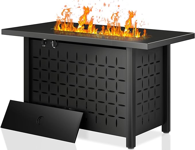 Shintenchi 43 Inch Fire Pit Table, 50,000 BTU Outdoor Propane Fire Table, Outdoor Steel Propane Fire Pit with Lid and Lava Rock for Garden, Yard, Camping, Pool Use, Charcoal Black