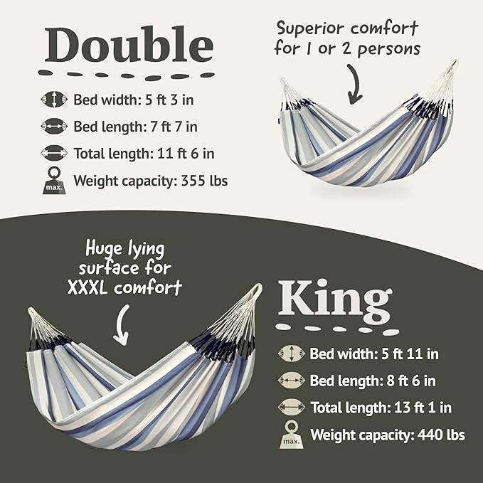 La Siesta® XL King Brisa Classic Hammock & TreeMount, Trees Beams Posts Suspension Kit- Indoor Outdoor Hammock Swing, Weather Tear Resistant, Sea Salt