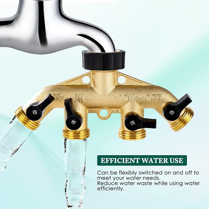 Dalmbox Garden Hose Splitter 4 Way, Water Hose Splitter, 3/4" Heavy-Duty Brass Garden Hose Splitter, Includes 9 Rubber Washers & Teflon Tape(2 pack)