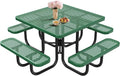 46" Square Top Outdoor Picnic Table Set for Up to 8 Persons, Outside Table Set with 4 Built-in Benches, Metal Commercial-Grade Dining Furniture with Umbrella Hole for Garden, Backyard, Porch, Green