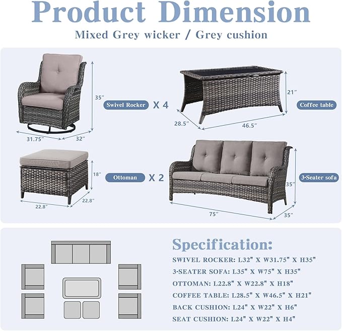 Belord Wicker Patio Furniture Sets - 8 Piece Outdoor Rattan Furniture Conversation Sets with 4 Swivel Rocker Chairs, Rattan Sofa, Wicker Ottomans and Coffee Table, Mixed Grey/Grey