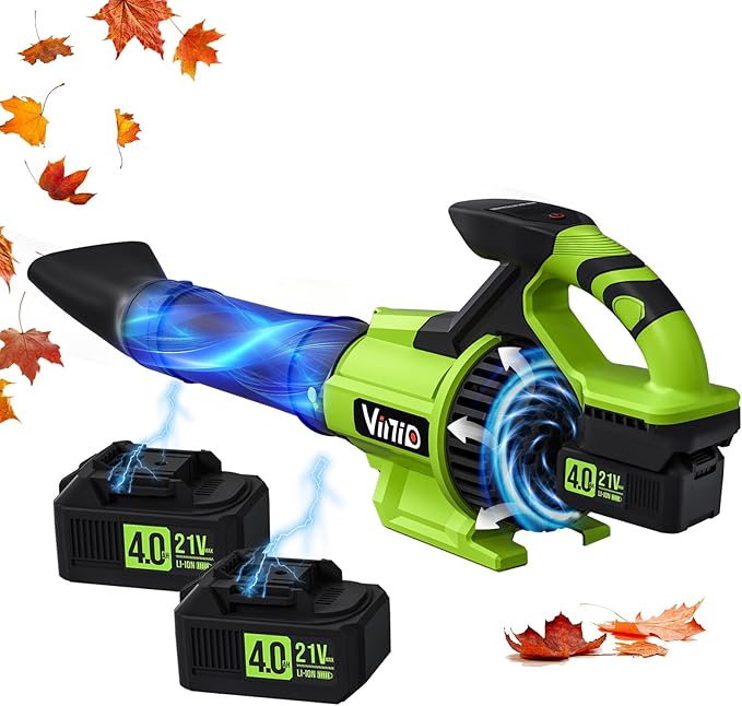 Vinid Leaf Blower Cordless, 21V Powerful Brushless Electric Leaf Cleaner Lightweight, 32,000 RPM, 710 CFM, with 2×4.0Ah Batteries and Charger, 3 Speed Modes, Suitable for Lawn Care, Garden and Patio