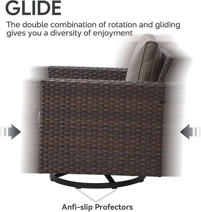 6 Piece Wicker Patio Furniture Set - Outdoor Swivel Rocker Chairs Set with Coffee Table, 3 Seat Sofa & Ottomans, Small Patio Conversation Sets Proch Furniture for Balcony Deck - Brown/Grey
