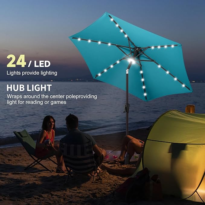 7.5ft Solar Umbrella Outdoor - Lighted Patio Umbrella with 24 LED Lights Waterprool Uv Protection, Table Umbrella with Tilt & Crank for Pool, Porch, Garden, Deck, Backyard(Sky Blue)
