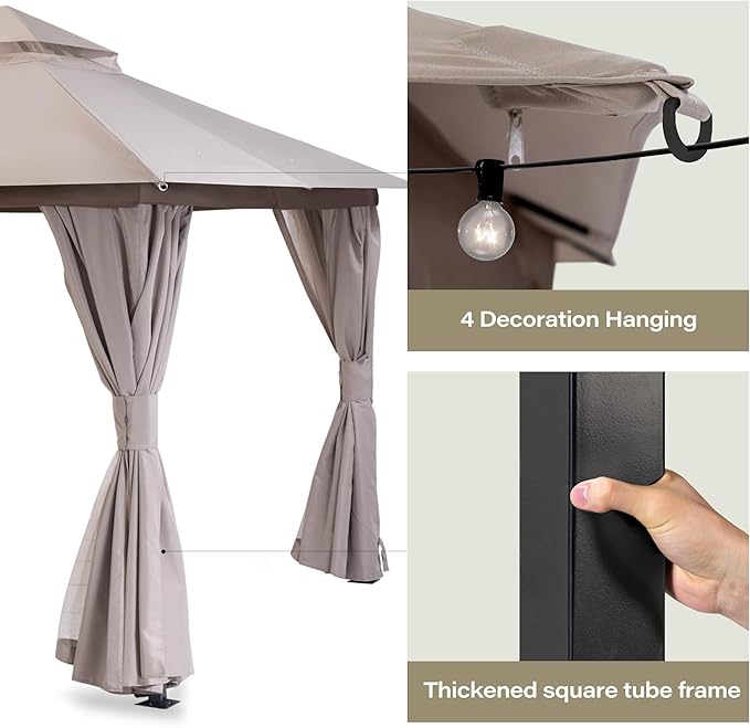 LAUSAINT HOME Outdoor Patio Gazebo 10'x10' with Expansion Bolts, Heavy Duty Party Tent & Shelter with Double Roofs, Mosquito Nettings and Privacy Screens for Backyard (Khaki)