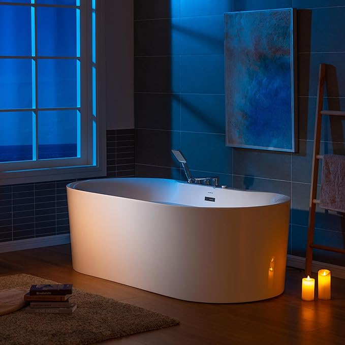WOODBRIDGE 72" x 35-3/8" Whirlpool and Air Bath Heated Soaking Combination Tub with Adjustable Speed Air Blower, Tub Filler and Display Control Panel, White,BJ-600+F0041