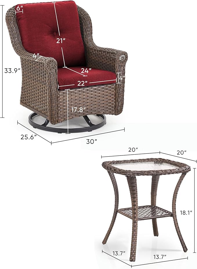 3 Piece Patio Swivel Chairs and Side Table Set - High Back Outdoor Brown Wicker Rattan Rocking Glider with Thick Cushions for Porch Apartment Deck Yard Poolside Garden - Red