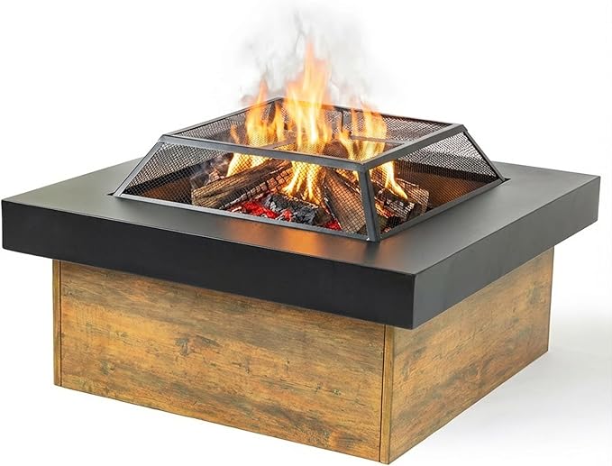 36" Firepits for Outside，Wood Burning Fire Pit with Wood-Grain Side Panels,Firepit for Outside with Mesh Cover & Fire Poker,Square Modern Outdoor Fireplace Fire Table.