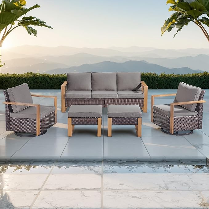 Rilyson Outdoor Wicker Patio Furniture Set - 5 Piece Patio Conversation Set with 2 Wicker Swivel Rocker Chairs,2 Rattan Ottoman and 1 Couch,Thick Cushions,Deep Seating,Wide Armrest(Brown/Grey)